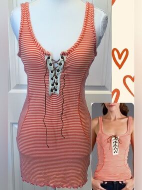 We The Free Coral White Striped Lace-Up Striped Tank Sz Large
